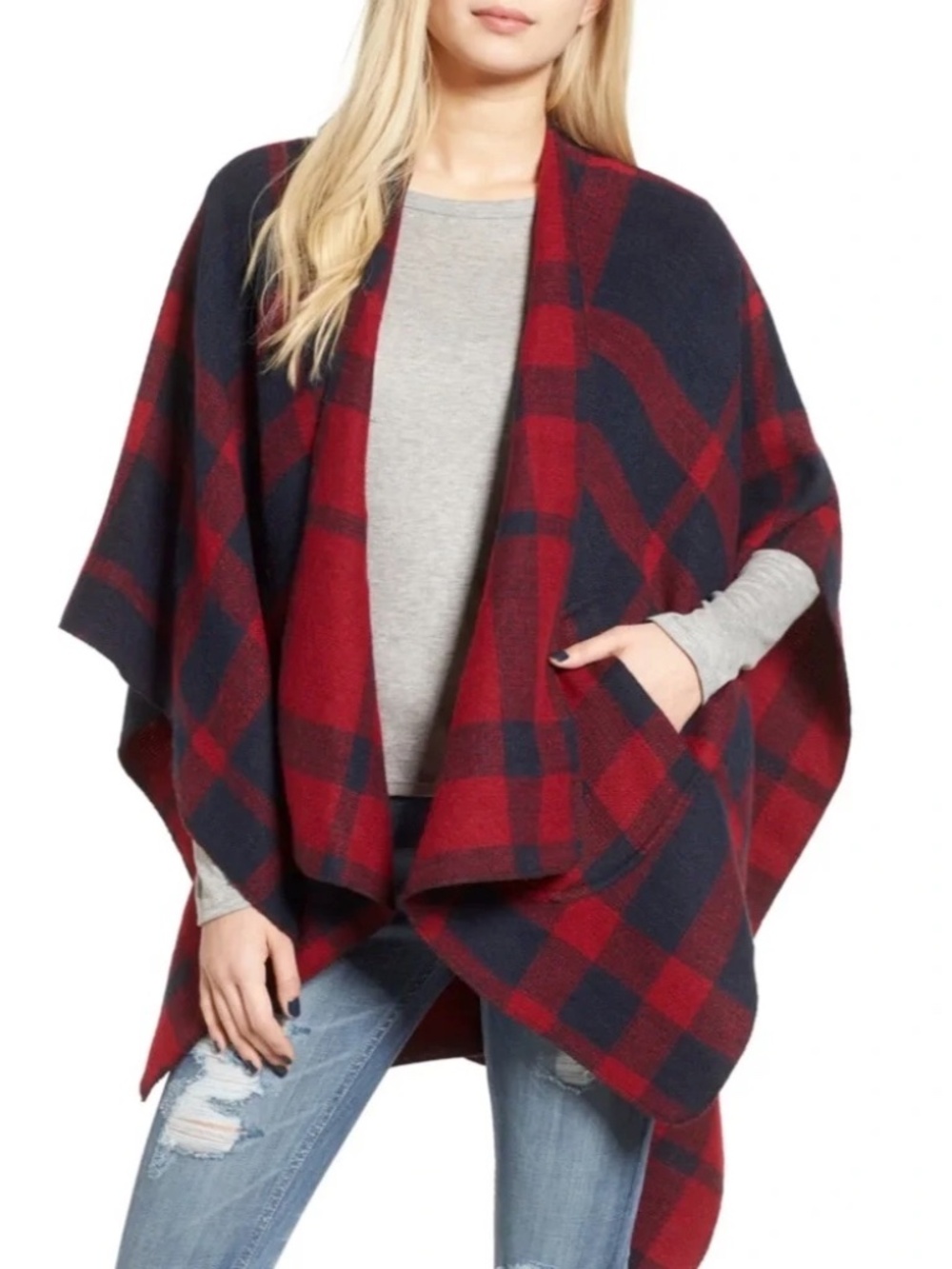 bp Plaid Open-Front Cape in Red and Navy